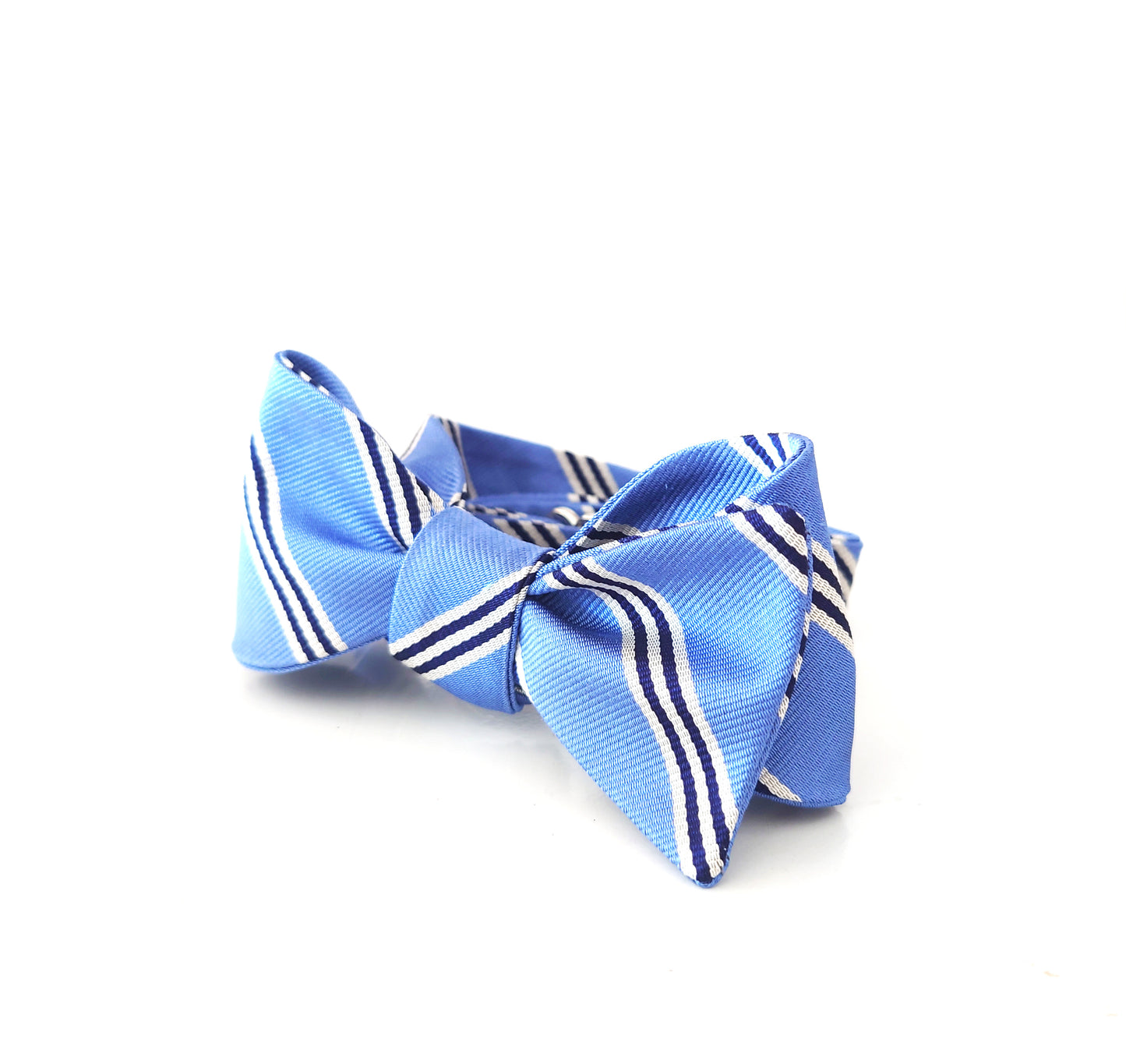 Blue bow tie with white stripes on a white background