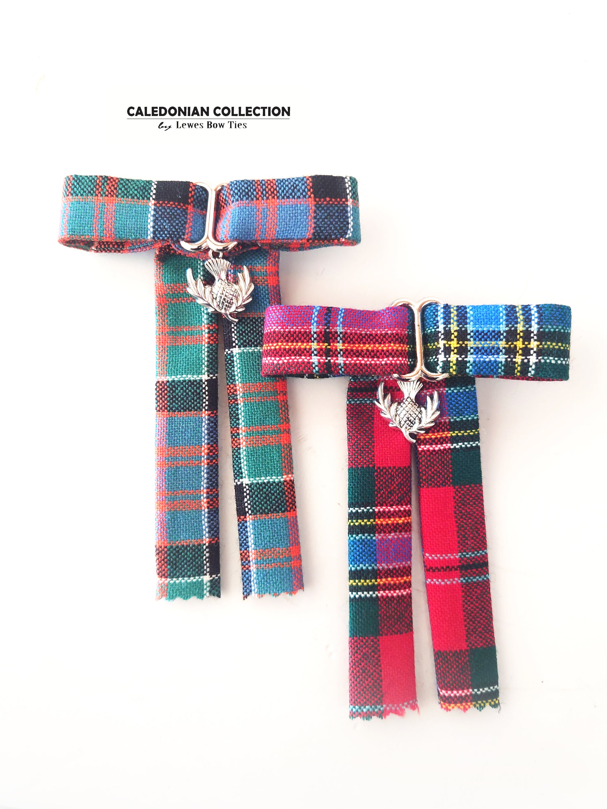 two plaid tartan pin brooches from Scottish tartan MacLean of Duart and MacDonald of Clanranald