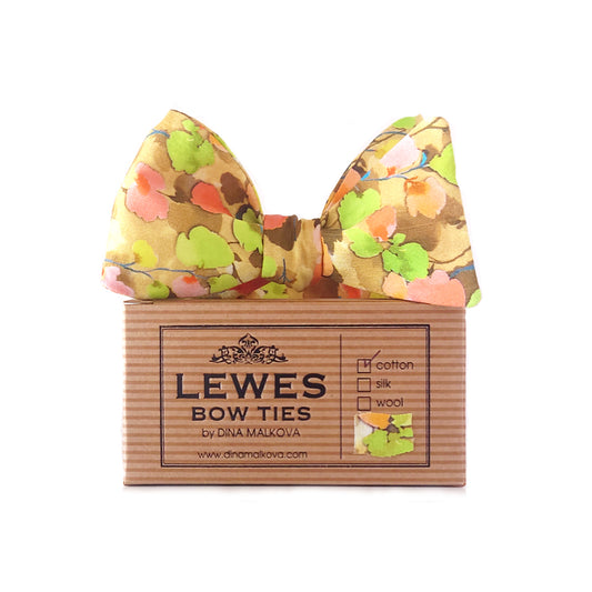 Yellow floral cotton self tie bow tie